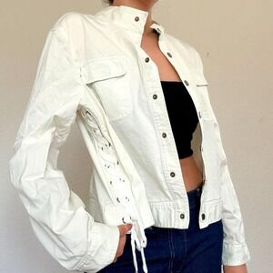 White Utility Lace Up Jacket with Paisley Lining